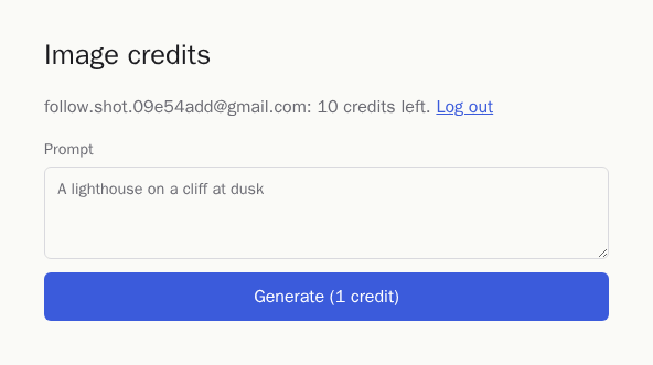The home page after signup, signed in with "10 credits left" and the prompt box