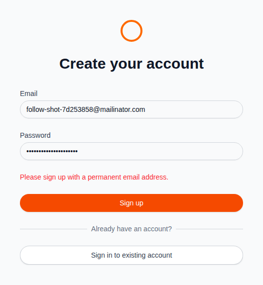 The /sign-up page refusing a mailinator.com address with "Please sign up with a permanent email address."